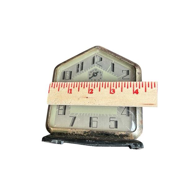 Antique Ingraham 8 Day GABLE Alarm Clock Metal With Glass Intact Retro Preloved - Picture 4 of 10